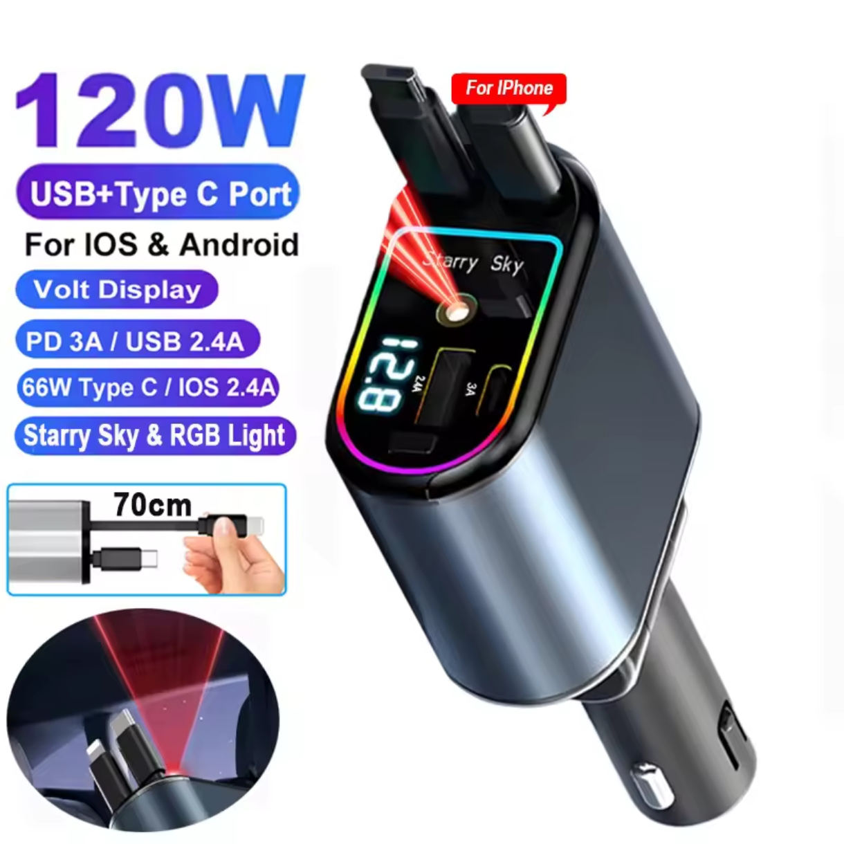 Ładowarka 120W [Lightning +TYP C] RGB + Projekcja GWIAZD